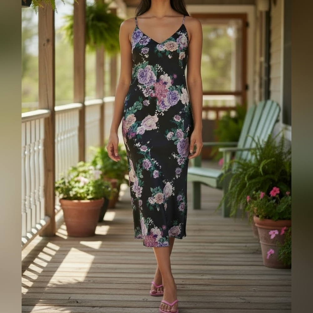 The Drop Floral Black Slip Midi Dress